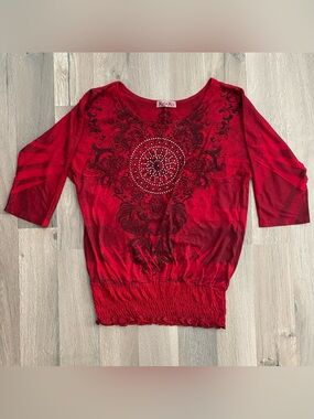 Y2K Red Paisley Beaded 3/4 Sleeves Baroque Romantic Goth Whimsigoth Grunge Top